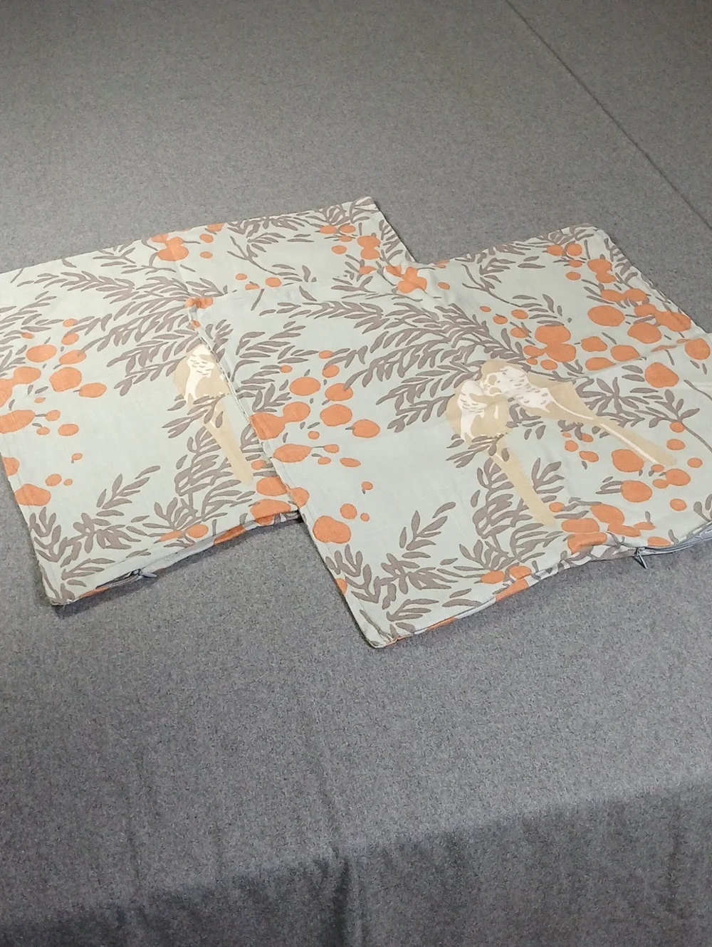 Pair of Linen Light gray Floral Lovebirds with Orange Accents